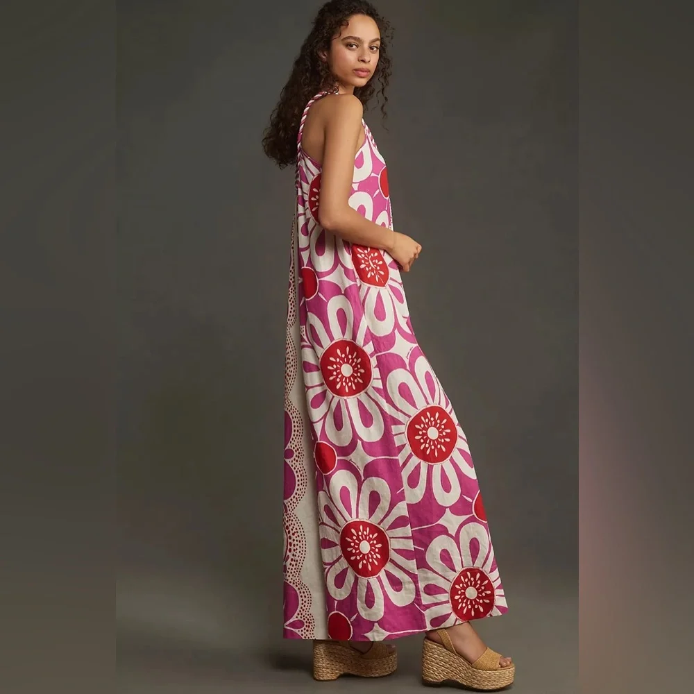 Farm Rio Off-White Maia Pink Floral Linen Blend Wide Leg Scoop Neck Jumpsuit - Picture 3 of 11